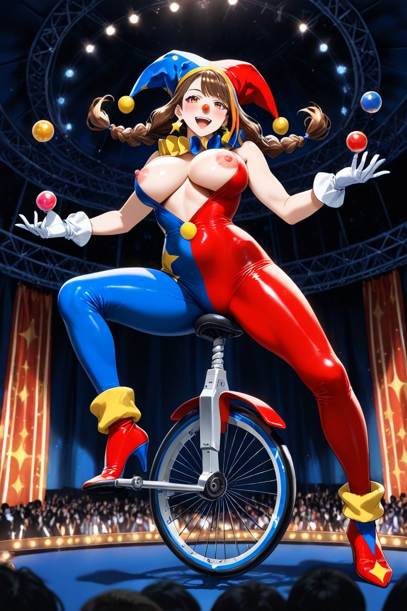Unicycle With Black Pedals, Ruffled Jester Collar, Bare Breasts With Puffy Pink Nipples Exposed Hentai IA
