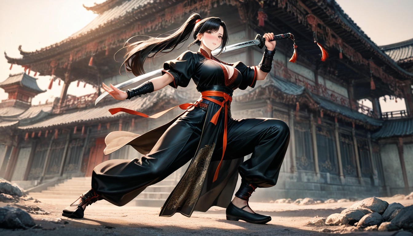 Sideswept Hair Bangs, Chinese Garden, Cuffed Hanfu Pants Hentai AI Porn