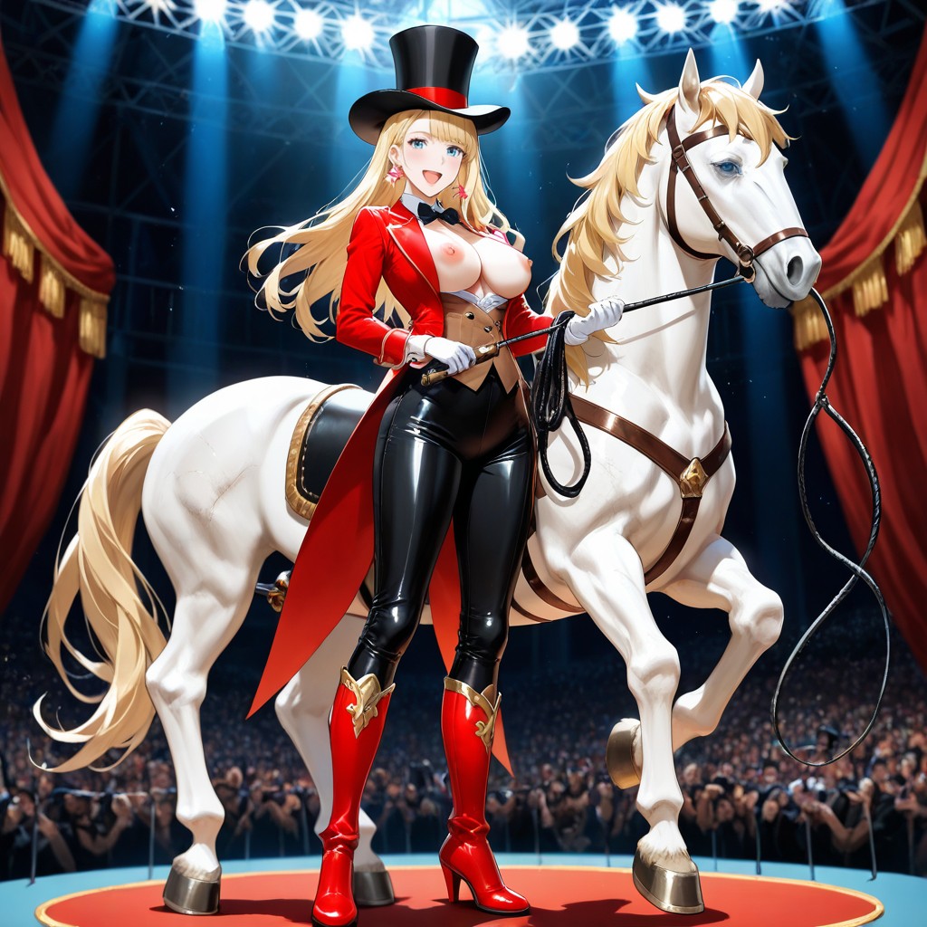 Bare Breasts With Puffy Pink Nipples Exposed, Black Bow Tie, Long Blonde Hair Hentai AI Porn