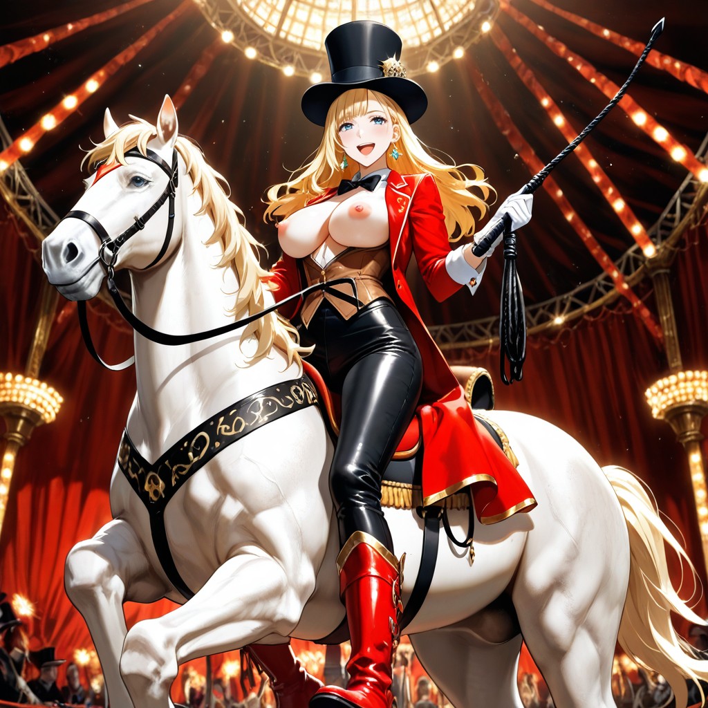 Swinging Leather Whip High Above Head, Shirt Unbuttoned, Outfit Opened Hentai IA