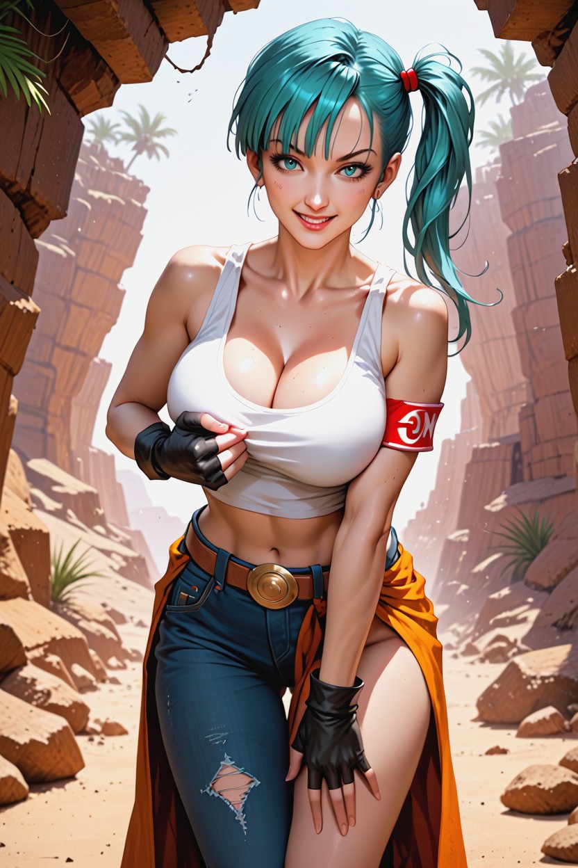 Agachándose, Brown High-waisted Utility Pants With Belt, Natural Lighting Hentai IA