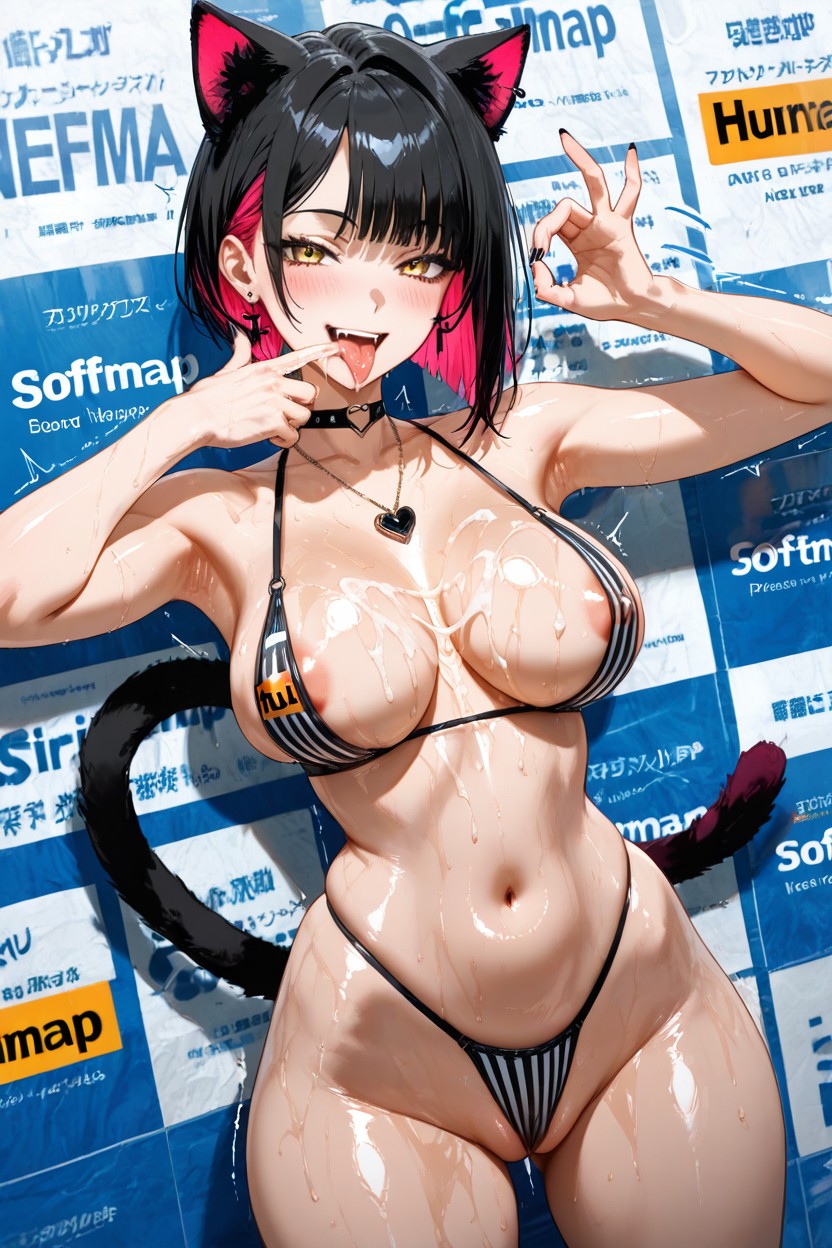 Skinny, Pastel Black Striped String Bra, Erectile Nipples Hentai AI Porn