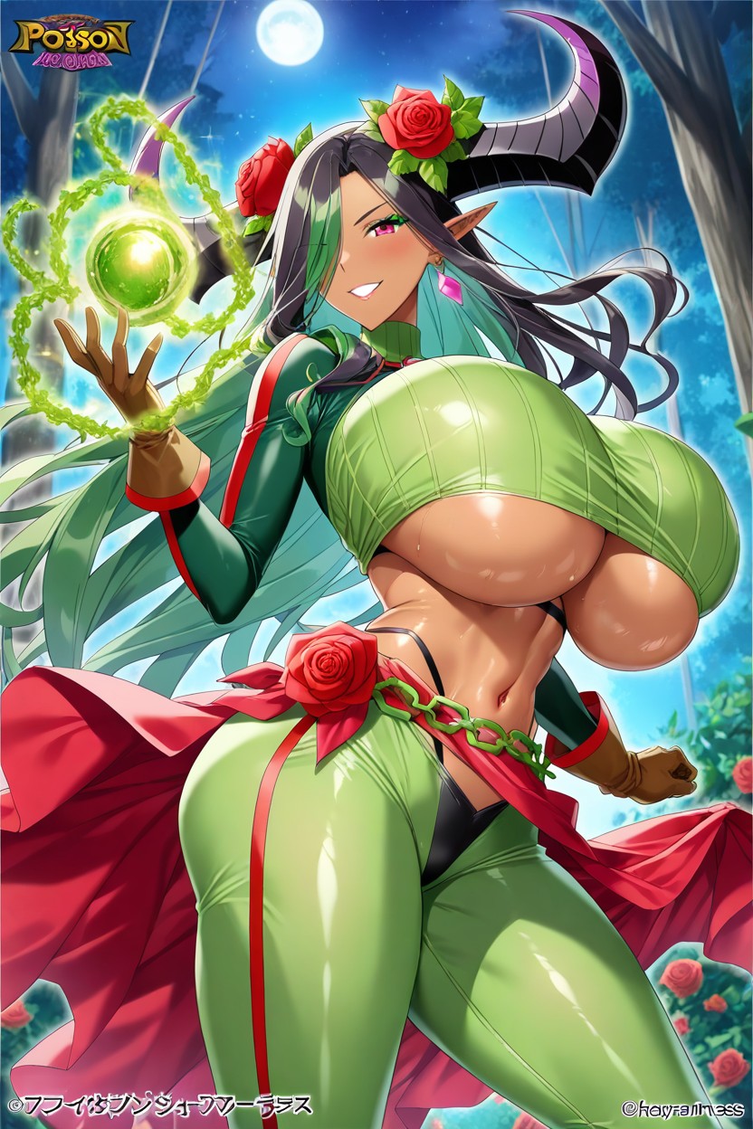Green Hair Bangs, Brown Gloves, Wide Hips Hentai AI Porn