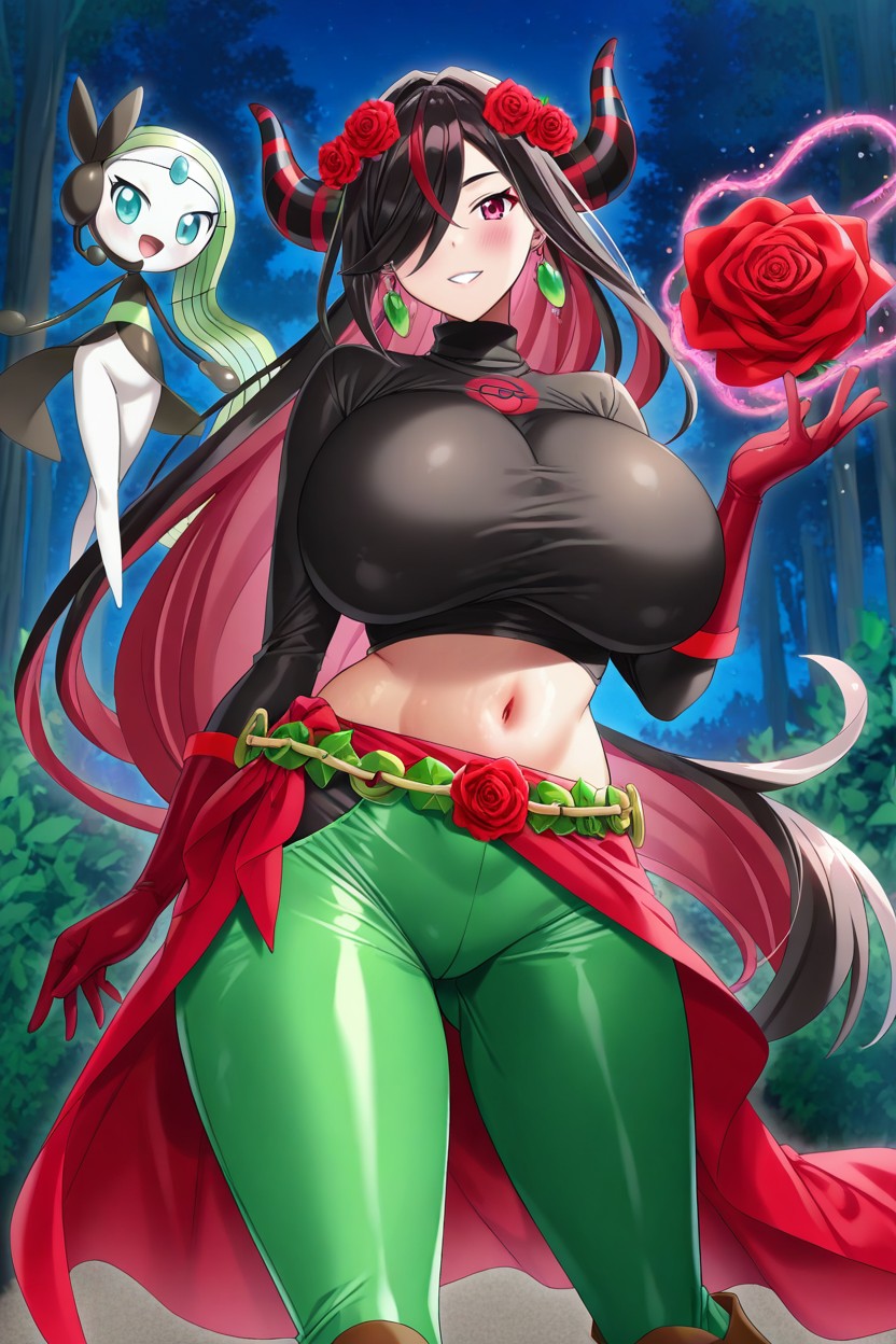 Hyper Breasts, Dark Red Hair Dark Green Hair, Dark Red Long Gloves Hentai IA