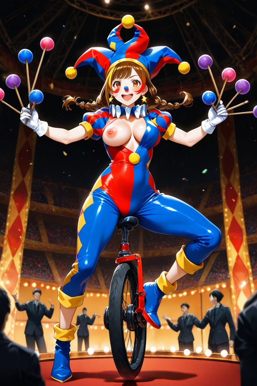 Both Hands Juggling Three Juggling Sticks, Round Rubber Nose Accessory, 正面図 ヘンタイAIポルノ