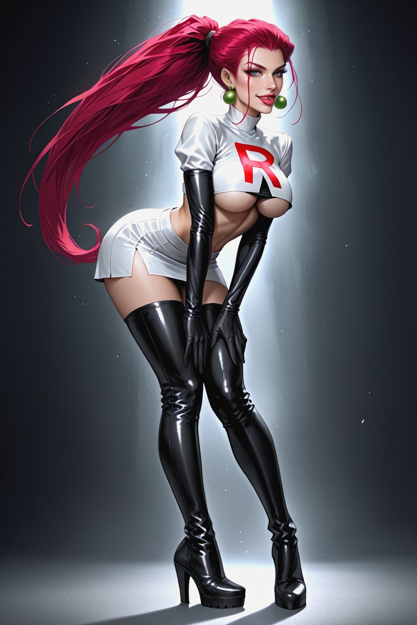 Detailed Body, White Cropped Top With Large Red R Logo, 가슴 아래 노출 헨타이 AI 포르노