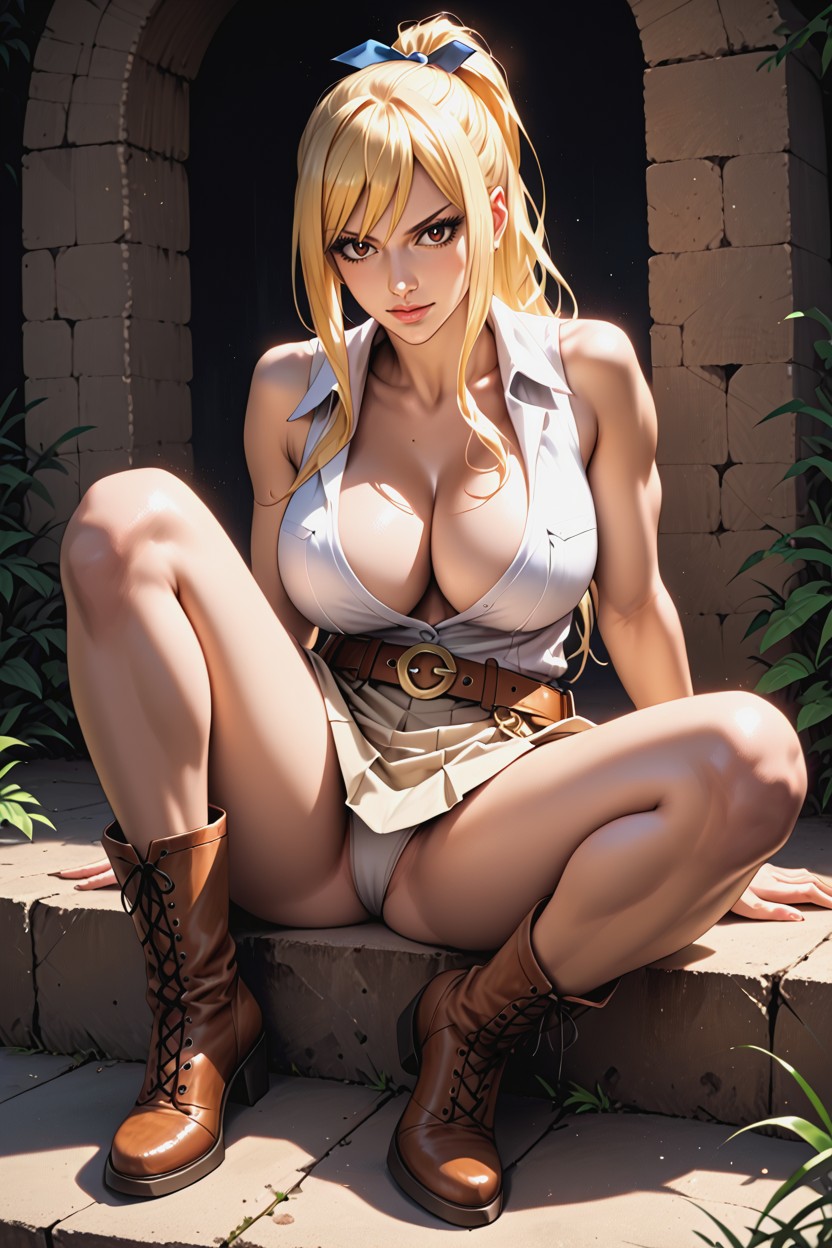 Sitting Down Legs Spread, Curvy Feminine Build, Happy Confident Expression Hentai AI Porn