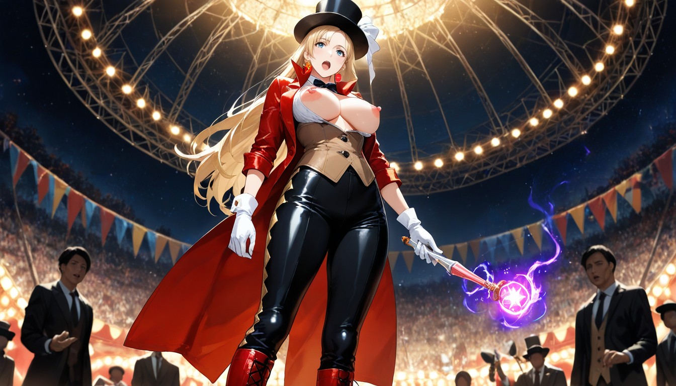 Long Magic Wand On One Hand, Sparkly Brown Vest, Waist Shot ヘンタイAIポルノ