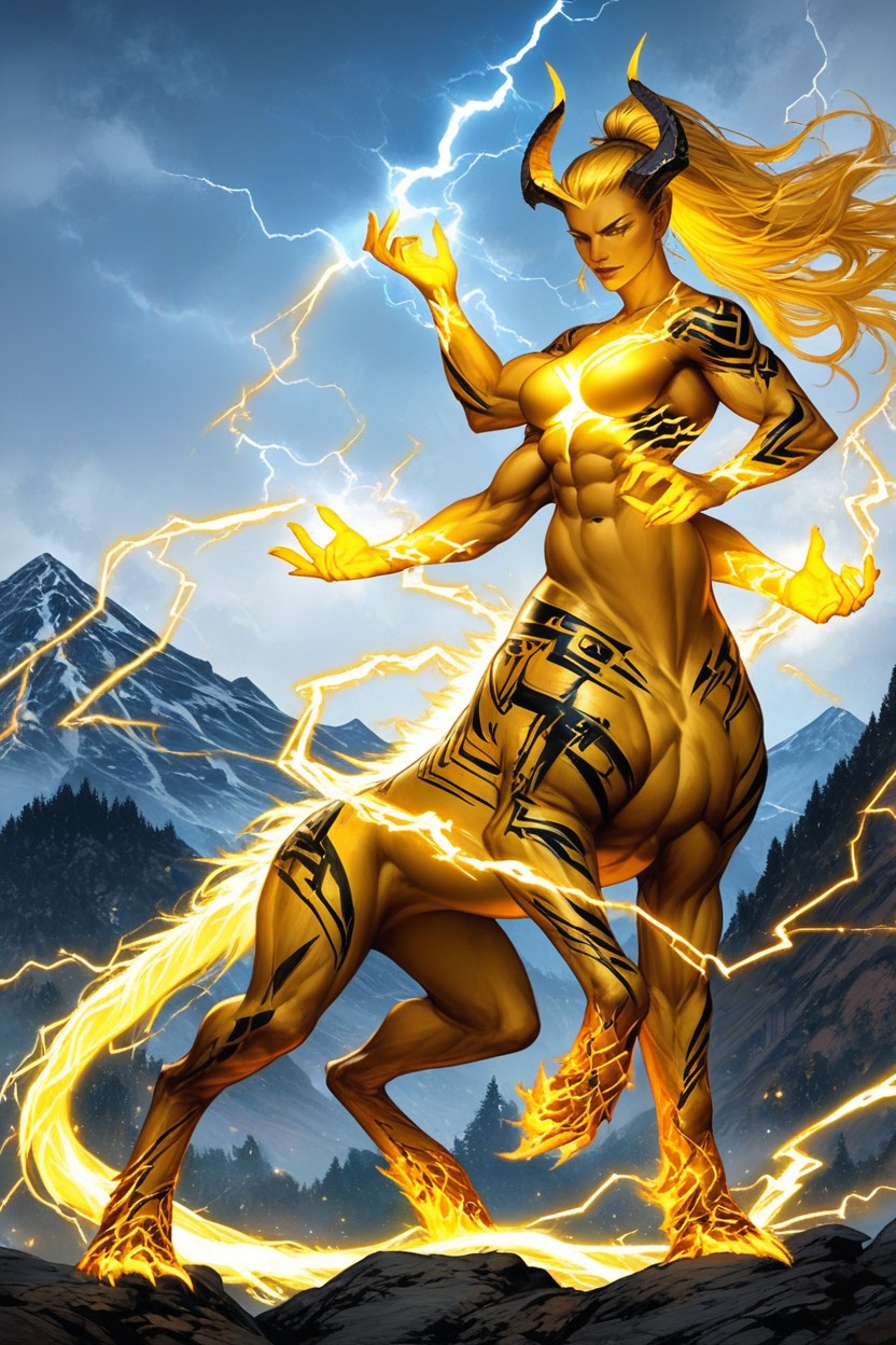 Muscular, Yellow Electric Hands, Side View ヘンタイAIポルノ