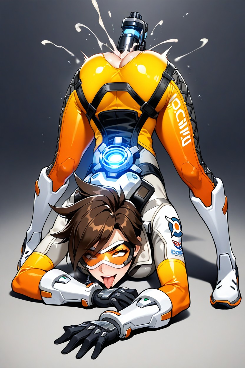 Long Sleeves, Form-fitting Orange Flight Suit With White And Brown Accents, 阿嘿臉 AI黃漫