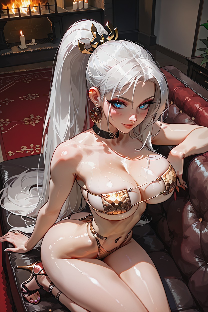 Kneeling In Front Of Man Sitting On Couch Looking Up She Is Looking Up At The Viewer, Candles, 上視角 AI黃漫