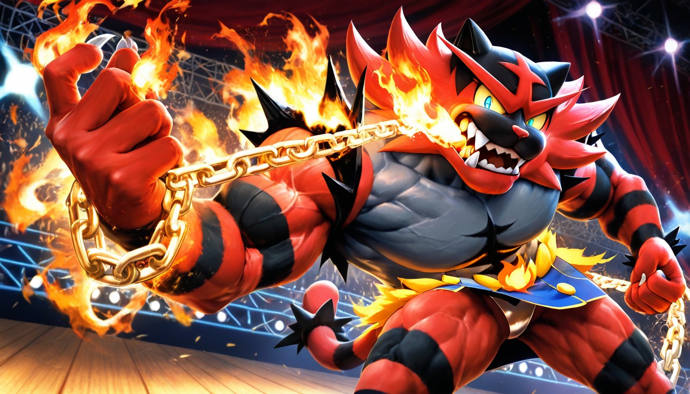 Red Curtains Behind, Fire Effects, Sparks Flying From Mouth AI黃漫