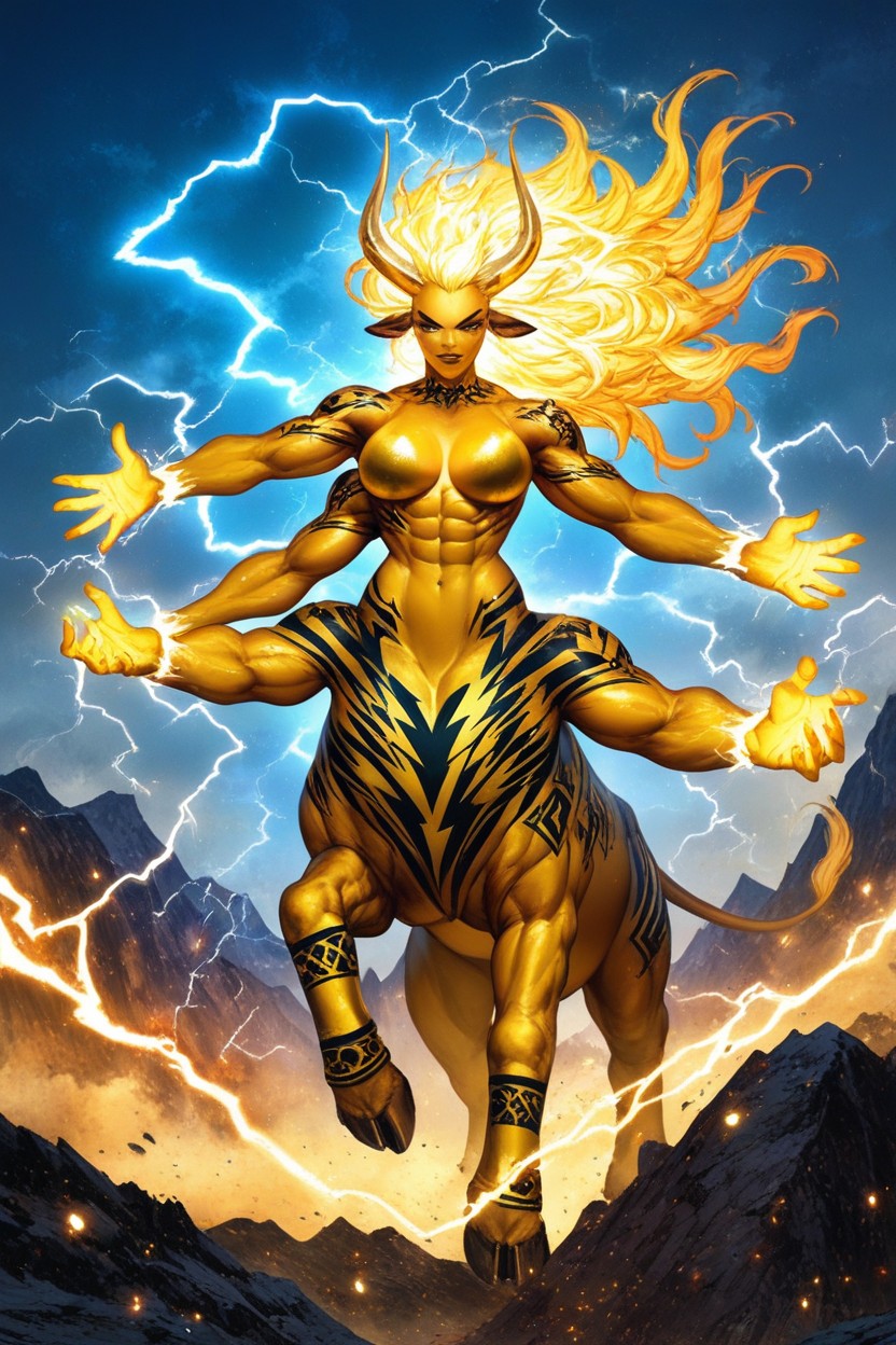Side View, Bovintaur Body, Yellow Electric Hands Hentai IA