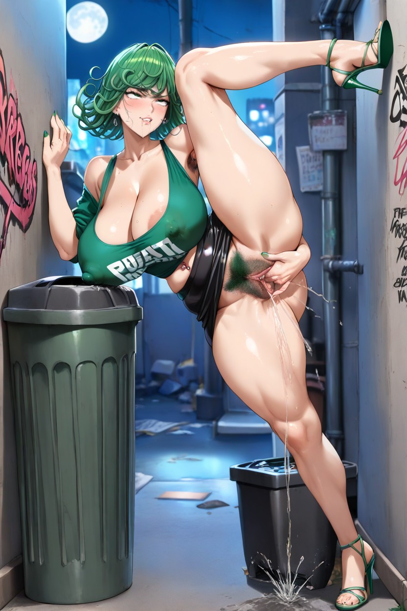 Standing, Left Leg Resting On Trash Can, Navel Piercing AI黃漫
