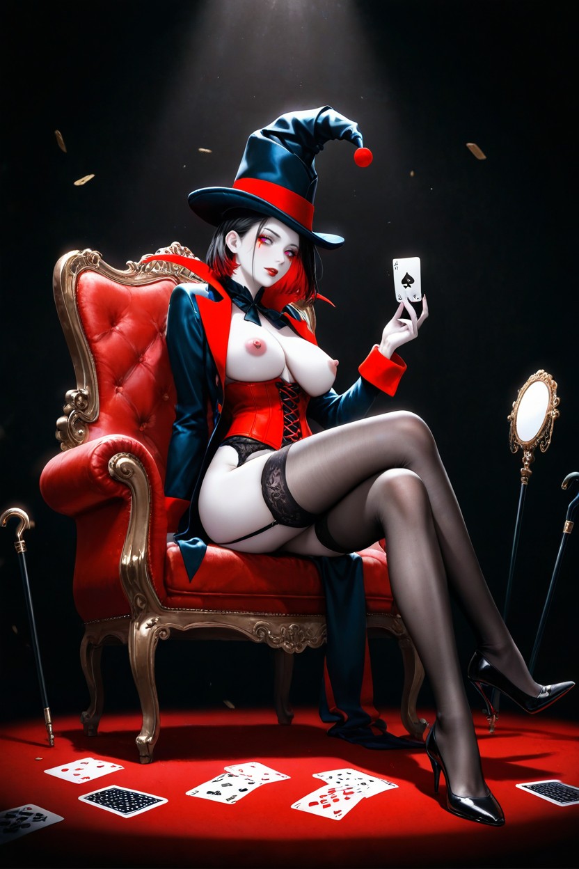 Corset, Sitting Down, Jester Magician Outfit Hentai IA