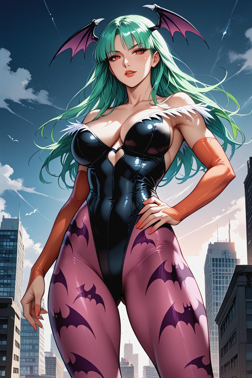 Glossy Highlights On Costume, Bat Wing Accessories On Her Head And Back, Art Style – Comic Style Hentai AI Porn