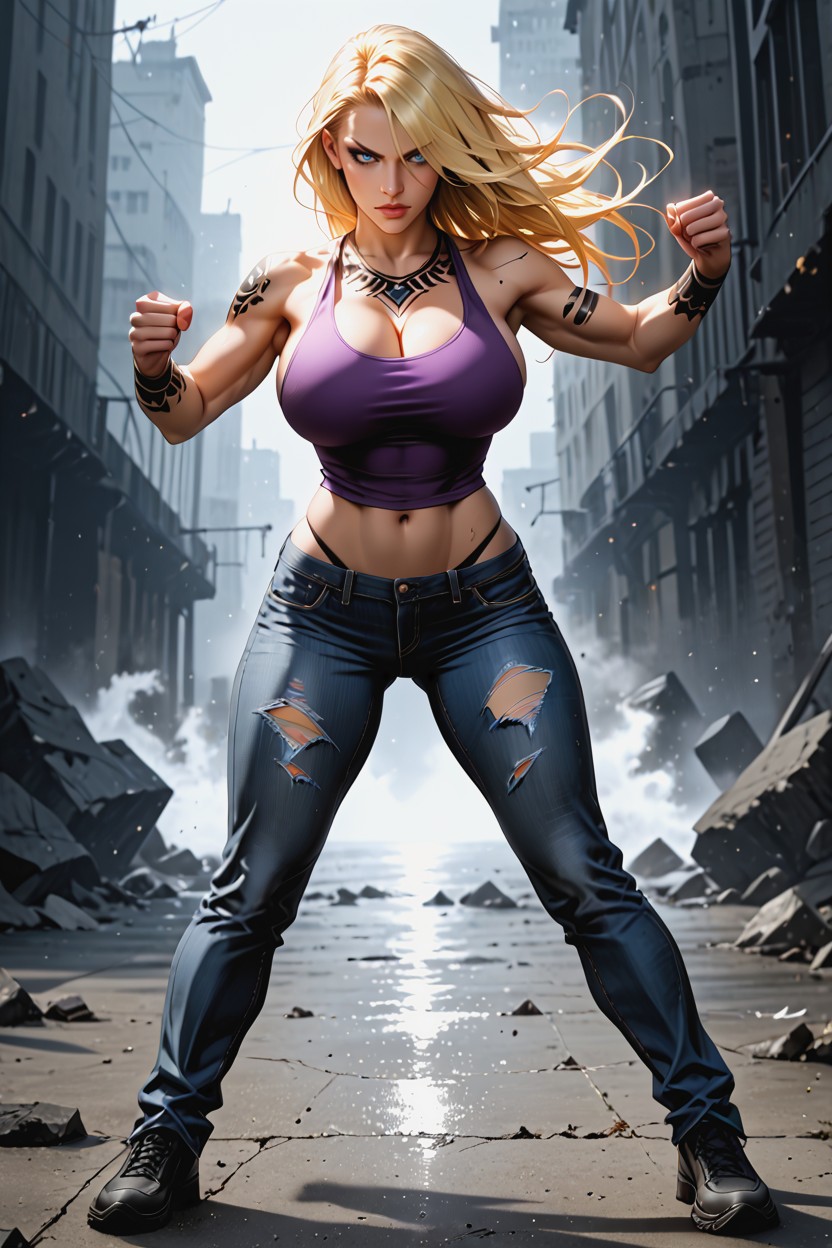 Broad Shoulders, Medium-length Messy Blonde Hair, Immersive Environment Hentai IA