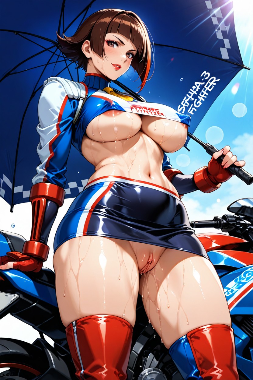 Carrying Umbrella, Jutting Breast, Brown Hair Hentai IA