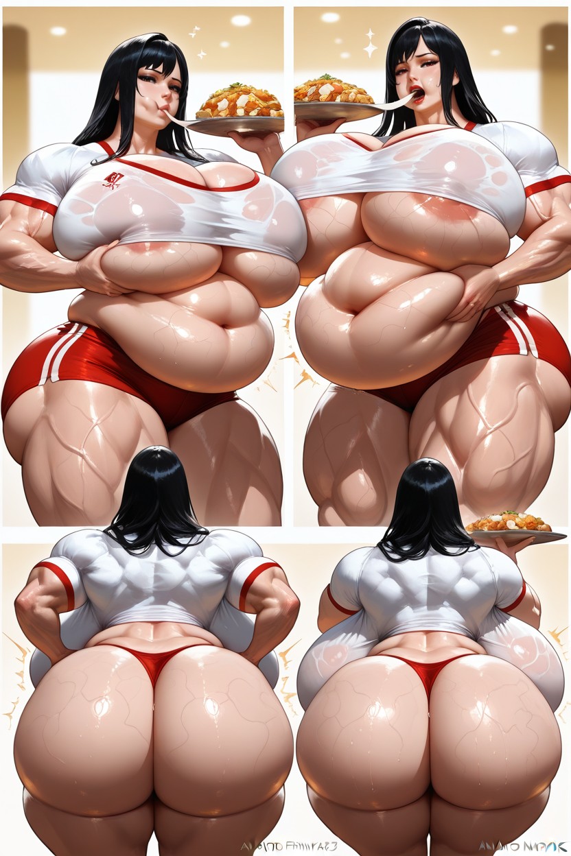 Bursting Out Of Her Clothing, Plates Of Food Everywhere, Overflowing Breasts Hentai IA