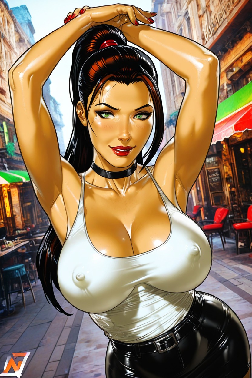 Glossy Red Lips, Light Green Eyes, Hard Shadows Hentai IA