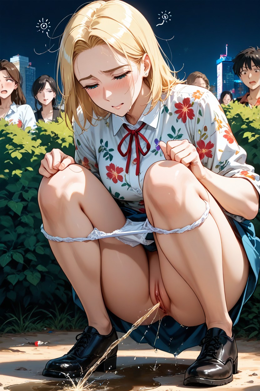 Straight Arms Extended Forward From Knees, Half Closed Eyes, Desperation Pee Hentai AI Porn