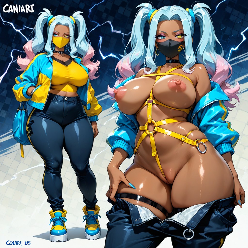 Gyaru, Wearing Black And Yellow Face Mask, Pants Pulled Down Hentai IA