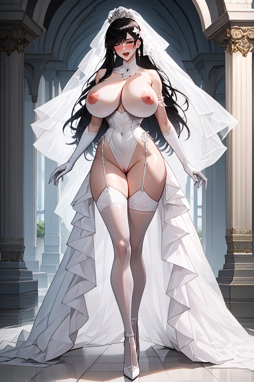 Curvy Body, Fully Detailed Body, Shiny Black Hair Covering Her Eyes Hentai IA