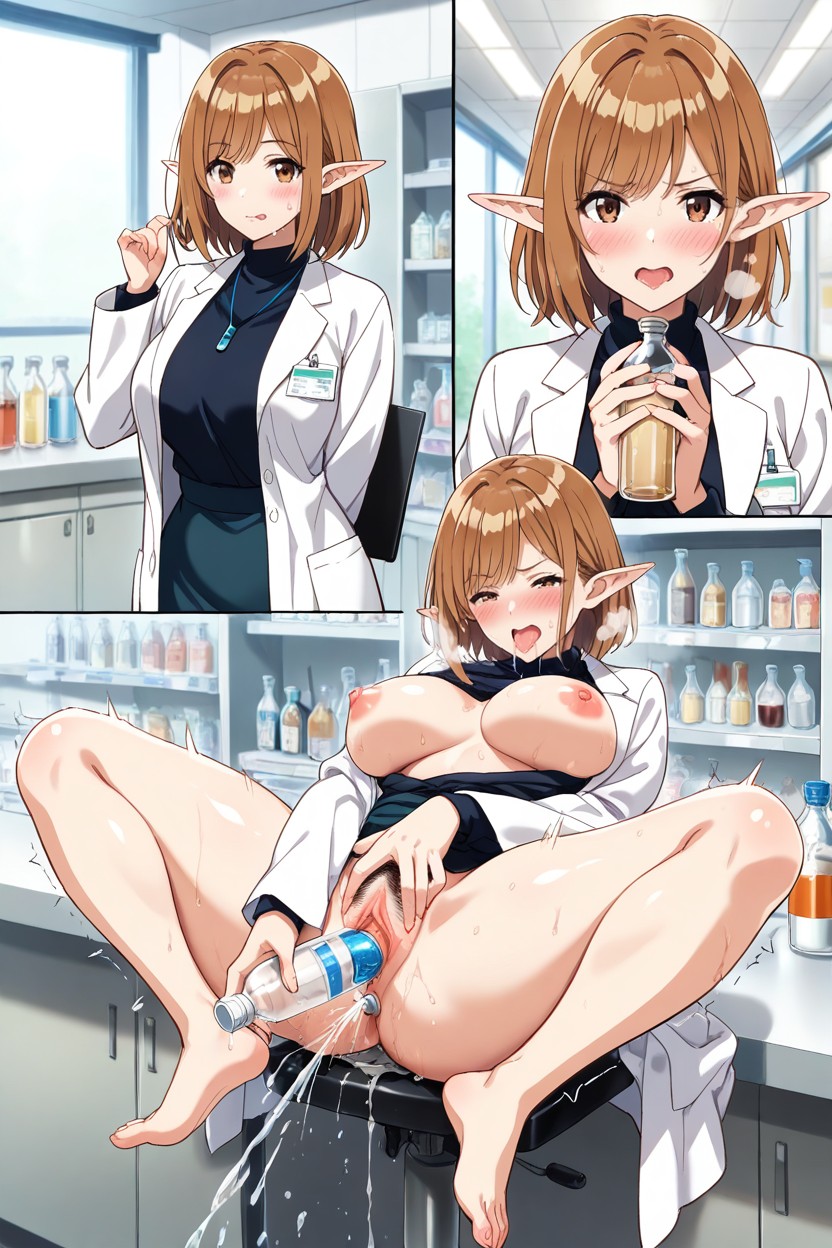 Modern Clean Pharmacy Interior, Bottle Pussy Penetration, Medium Long Brown Hair Hentai IA