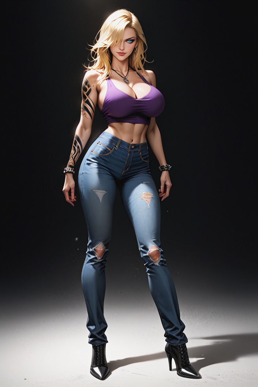 Detailed Body, Blue Eyes, Rips At The Knees Wide-legged Jeans Hentai AI Porn