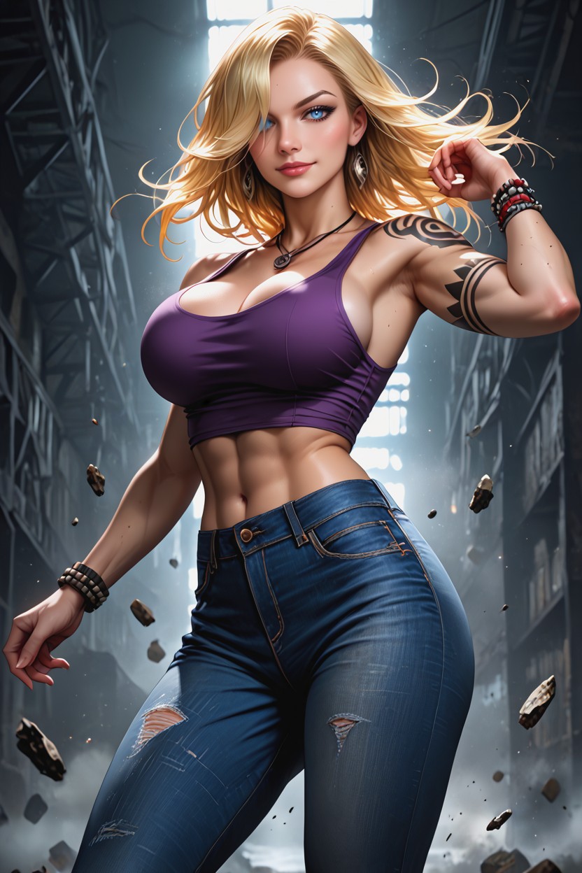 Stomach Shown, Visible Waistband Of A Black Thong Slightly Peeking Above The Jeans, Colored Hentai AI Porn