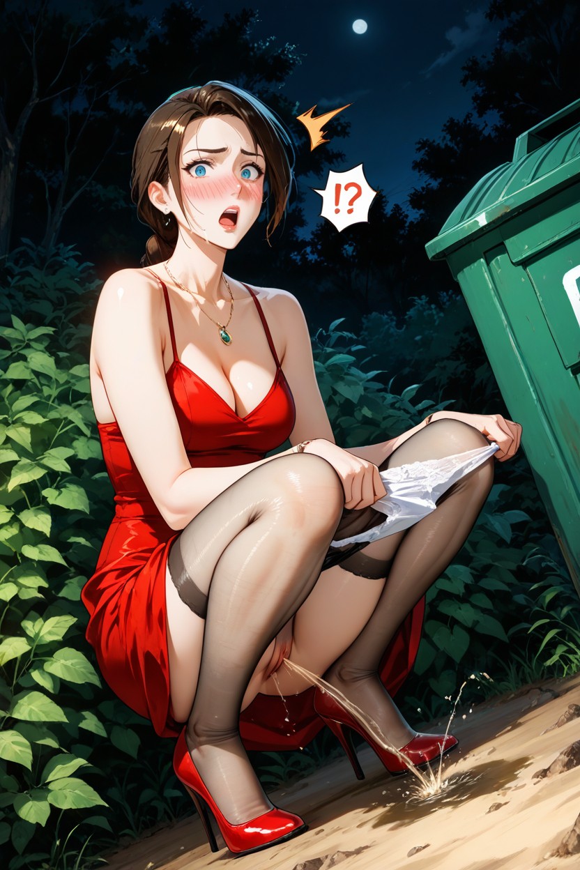 Side View, Looking At The Viewer, Squat Women Peeing Outdoor Near Bushes Hentai AI Porn