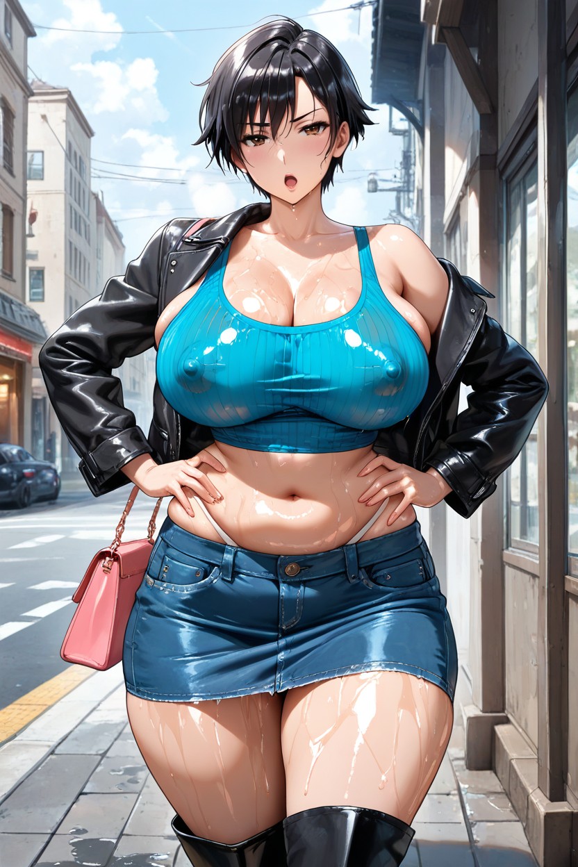 Eyes Half-closed, 18+, Blue Tank Top Hentai AI Porn