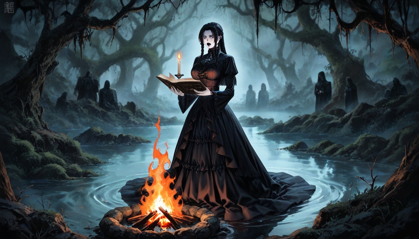 Ritual Poses, Long Black Lace Dresses, Flowing Skirts Hentai IA