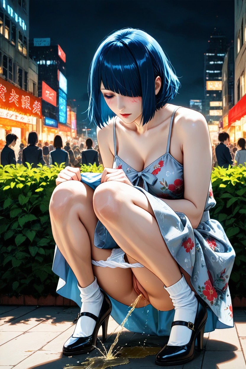 Squatting Position, Right Eye Covered By Hair, 25+ Hentai IA