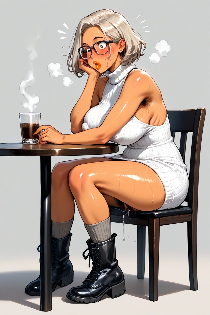 Gaping Pussy, Combat Boots, White Turtleneck Sleeveless Bodycon Sweater Dress Hentai IA