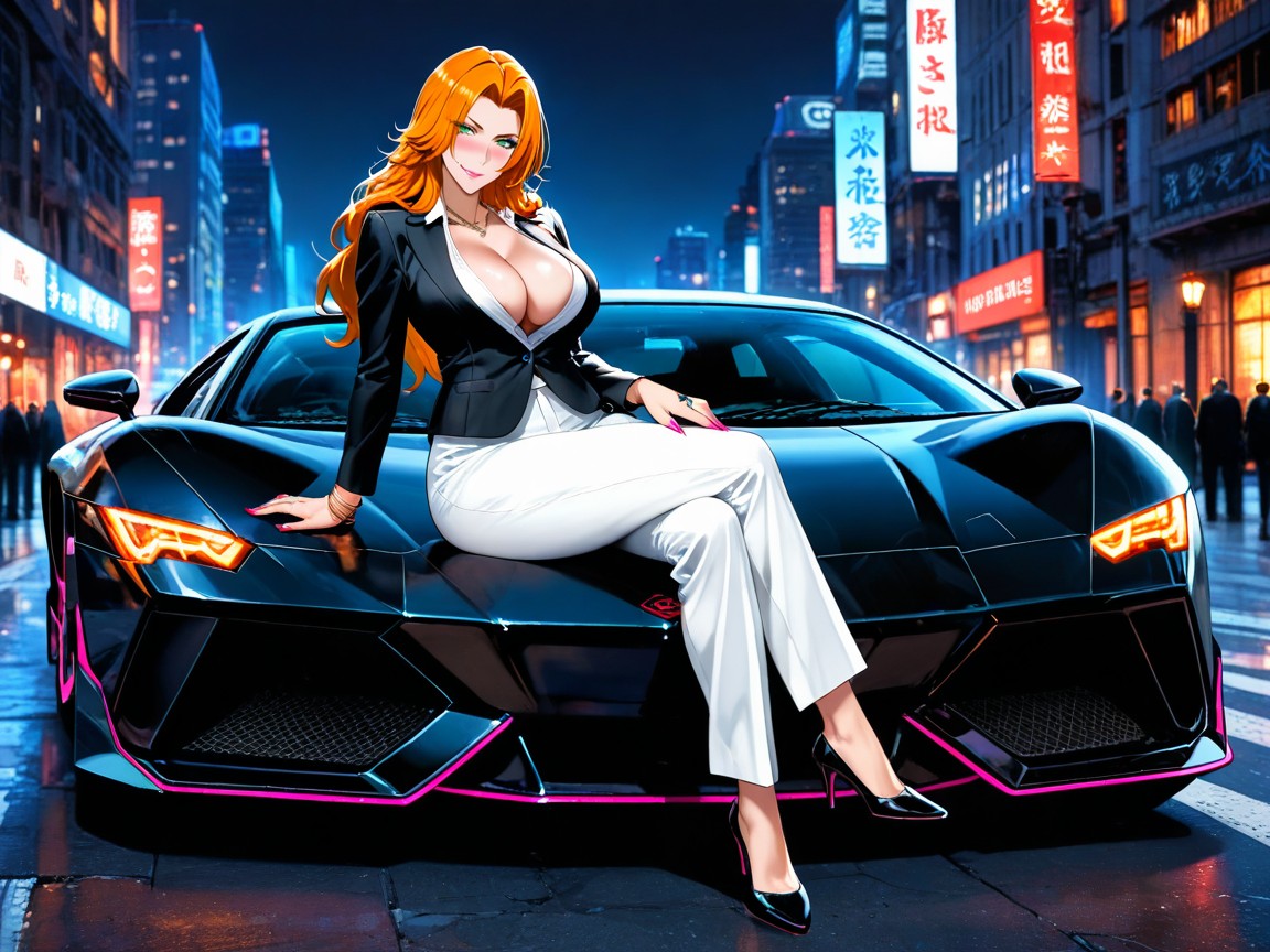 Rangiku Matsumoto, Cinematic Lighting, Sitting Sideways On The Hood Of A Pink Lamborghini Hentai AI Porn