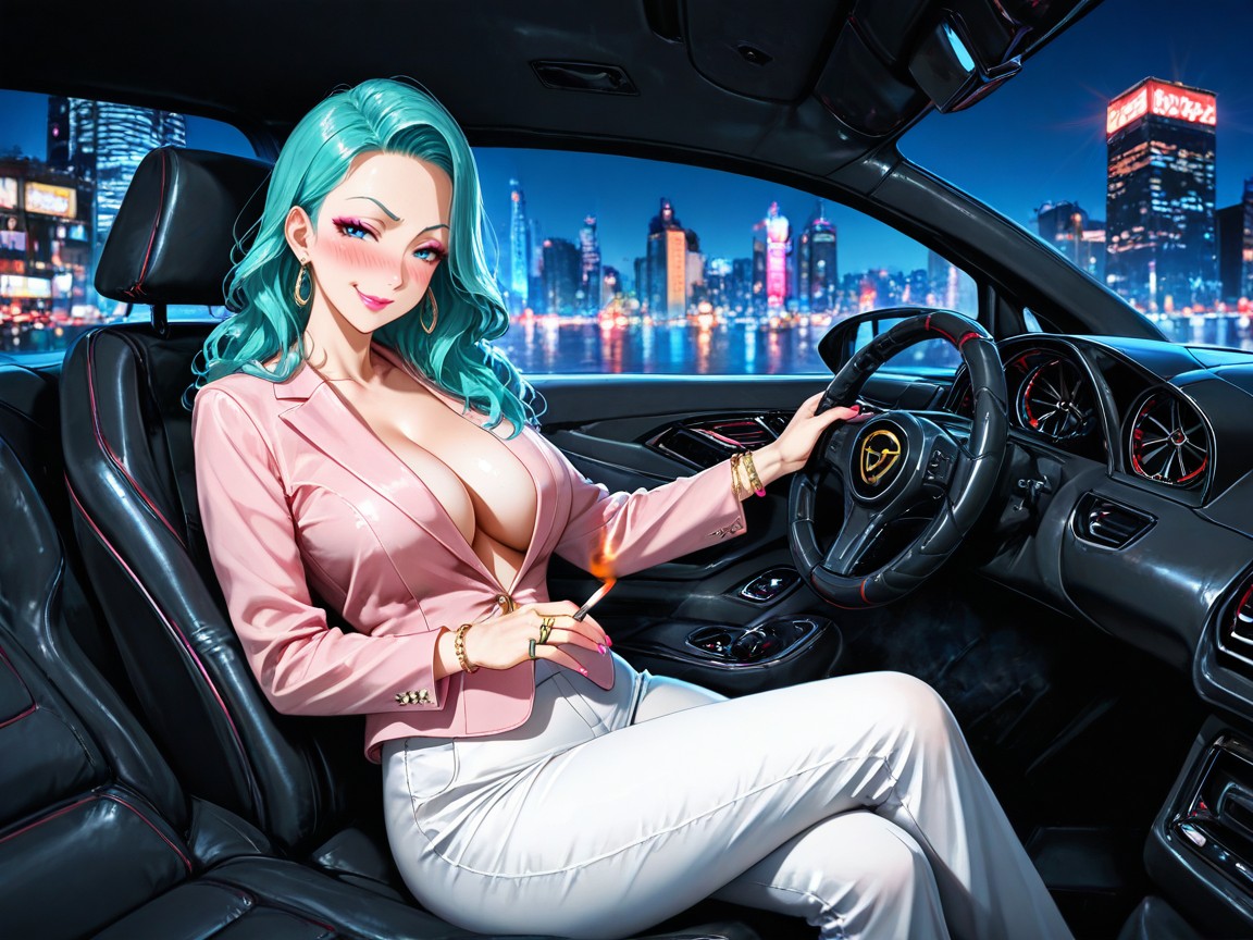 Wearing A Pink Formal Suit Consisting Of A Pink Jacket And White Pants, Expresión Arrogante, Makeup Hentai IA