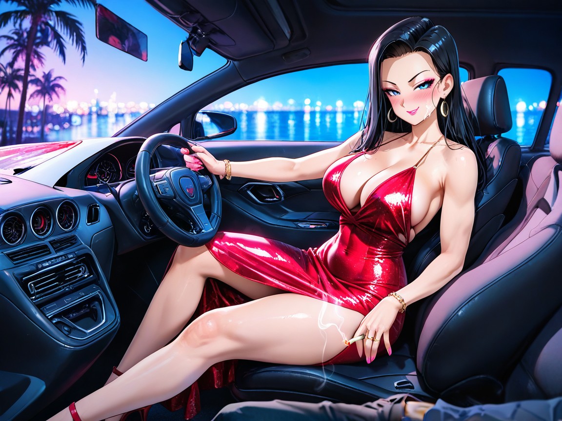 Pink Nails, Ojos Azules, A Sitting Inside Car Driving The Car Hentai IA