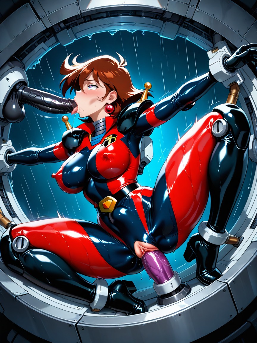 Metallic Body, Black Shoulder Pauldrons With Red Lines, Blowjob (3rd Person) Hentai AI Porn