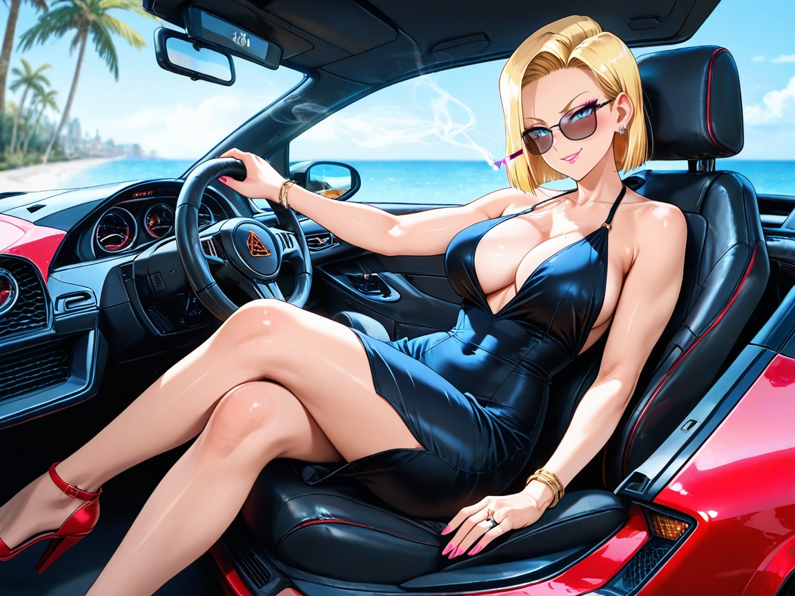 Wearing A Black Sexy Dress, Sitting Inside Car Driving The Car, Large Breast Hentai AI Porn