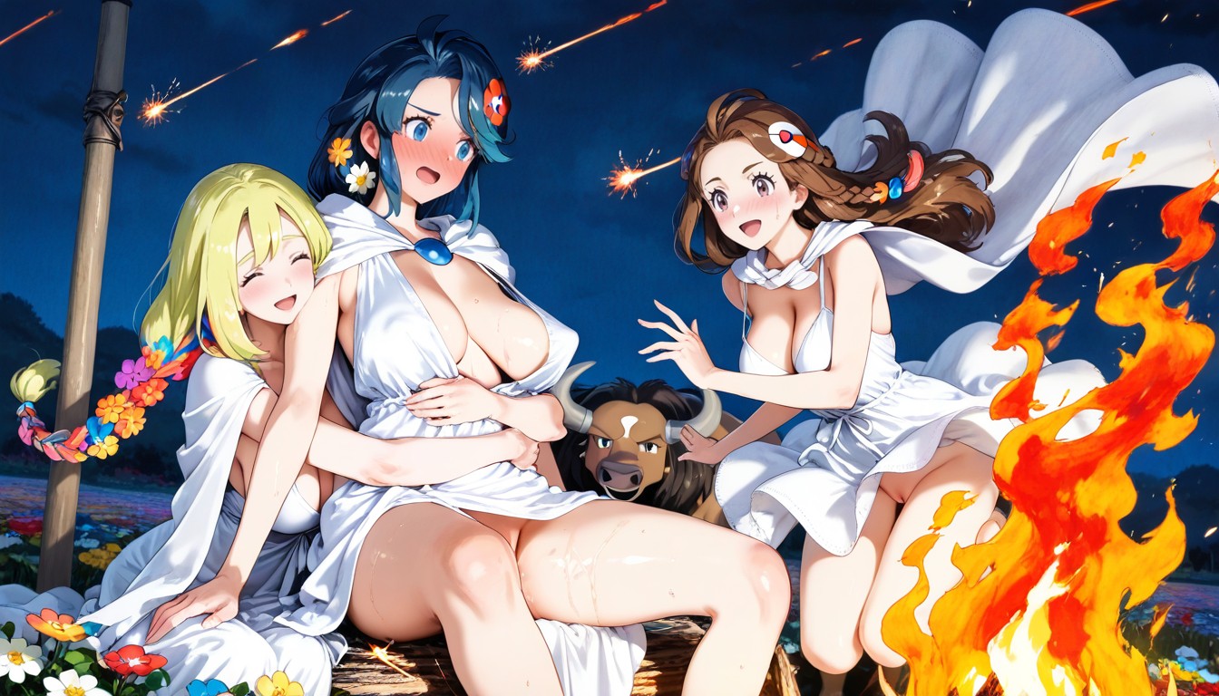 Ribbons Hanging From Midsommer Pole, Midsommer Pole With Long Ribbons, Women With Different Hair Colors Hentai IA