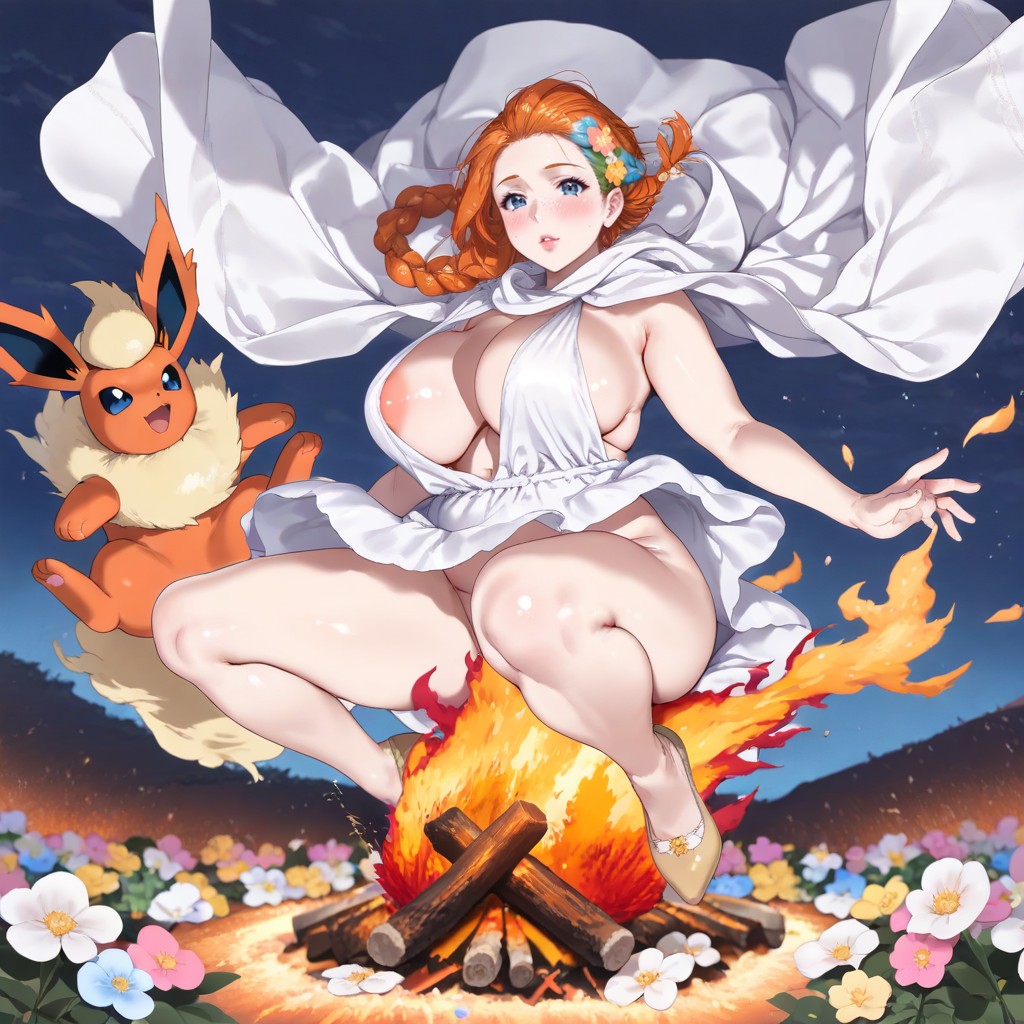 Grassy Field, Woman Jumps Over Bonfire, Hair Tucked Behind Ears Hentai AI Porn