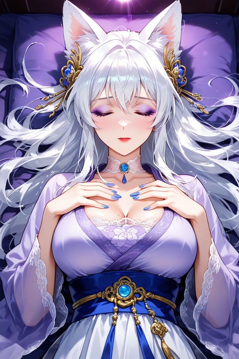 Makeup Purple, White Hair, Laying On Bed Hentai AI Porn