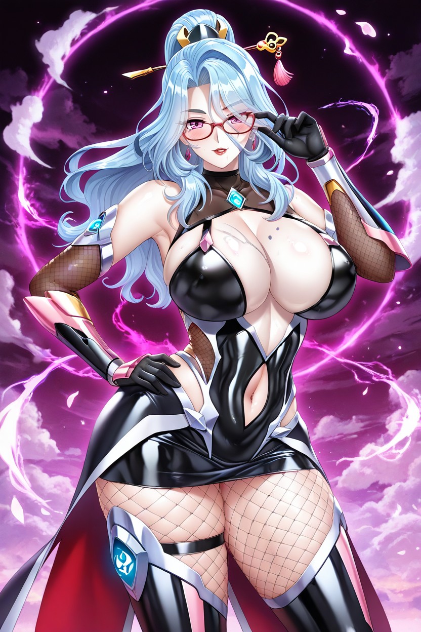 Wearing Revealing High-tech Taimanin Suit, Fishnet Thighs, Transparent Mesh Panels On Sides Chest And Hips Porno IA Hentai