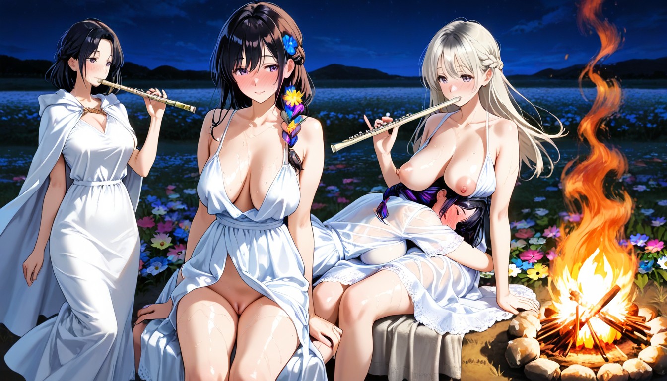 Colorful Flowers In Hair, Wet Pussy, Exposed Breasts Porno IA Hentai