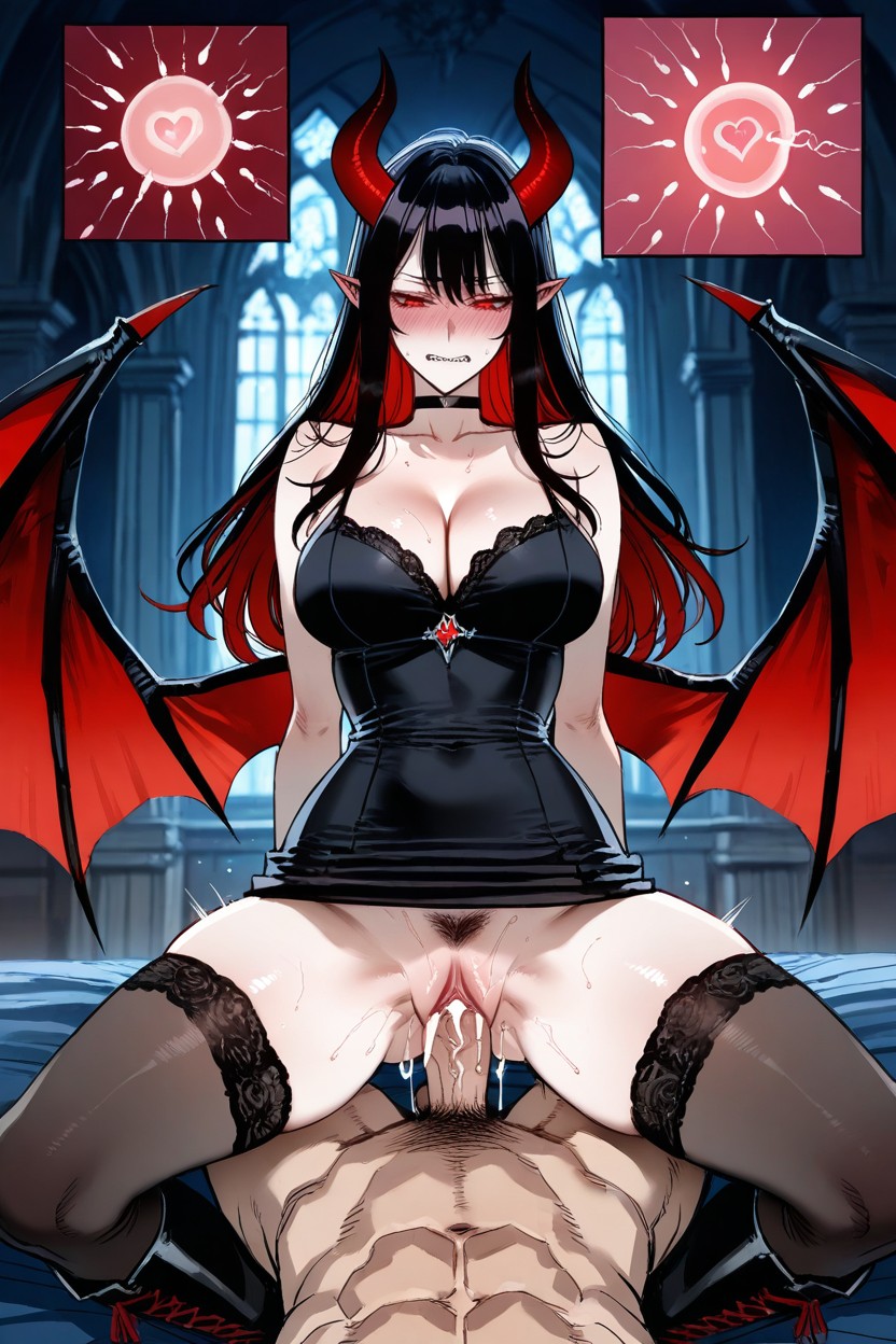 Heir Midnight Black Cascading To Her Hips, Olhos Vermelhos, Missionary Hentai IA pornografia