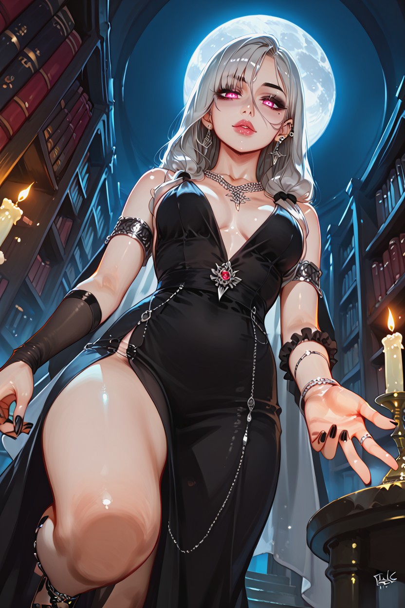 Bright Pink Eyes, Black Open Toe Sandal High Heels, Detailed Face Porno IA Hentai