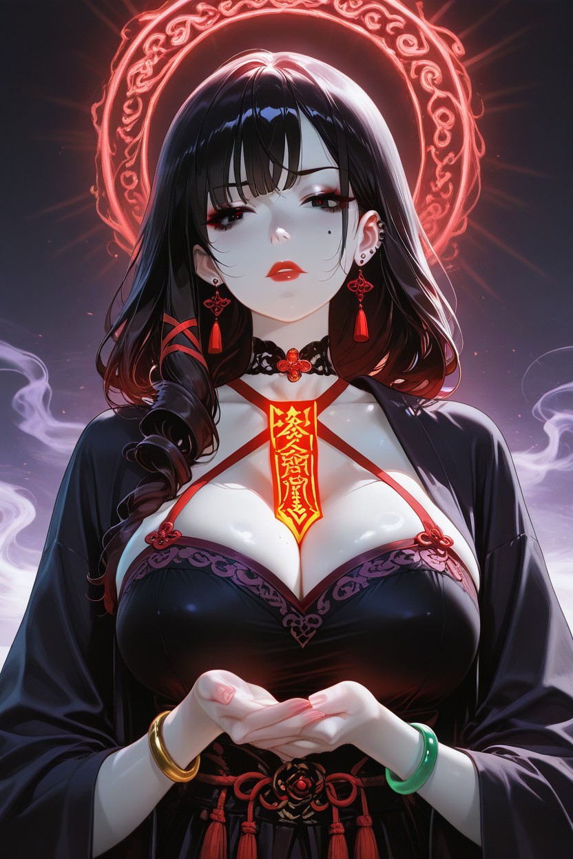 Vibrant Red Halter Top Criss-cross Straps, Subtle Lens Flare, Twin High Black Odango Buns Hentai AI Porn