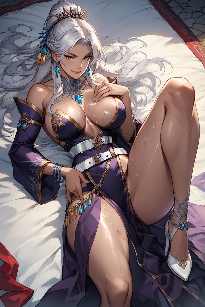Silver Belt With Blue Gemstone Accents, Revealing Leg, 18+ Hentai AI Porn