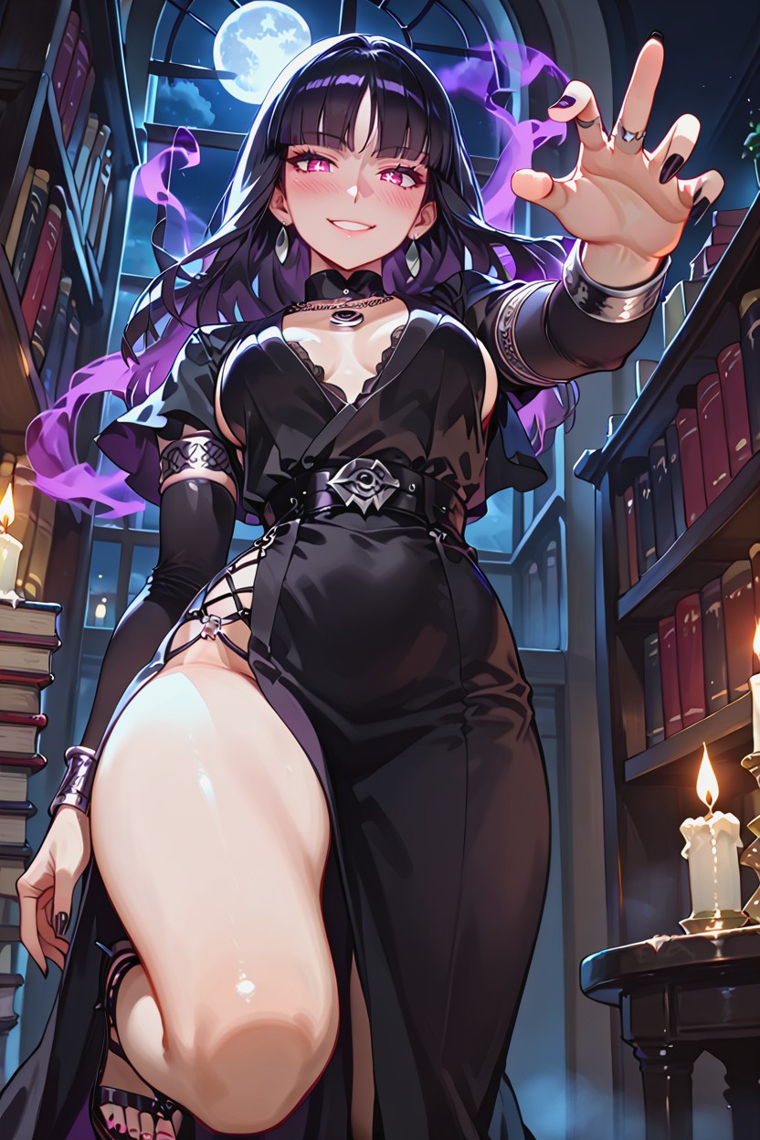 Bright Pink Eyes, Daring Plunging Neckline, Inside Magical Library Hentai AI Porn